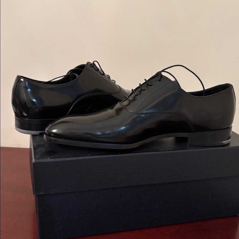 PRADA Spazzolato Fume’ Plain Toe Black Derby Sz.7 - Picture 10 of 16